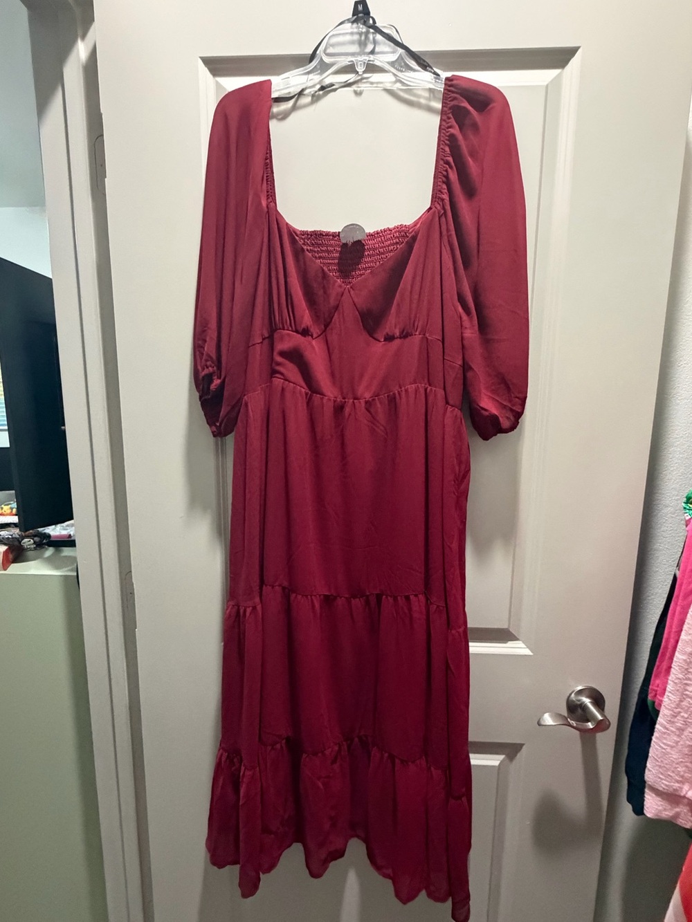 Arula Burgundy Smocked Midi Dress Size B 2X Tiered Puff Sleeve